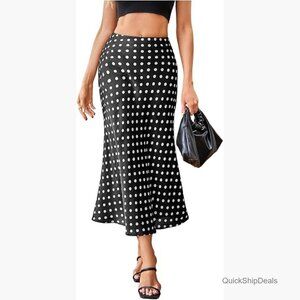 Polka Dots Midi Skirt Satin Silk Pencil Long Flowy